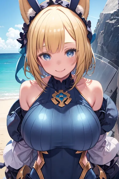 Girl、Bob Hair、Blonde、Metallic blue eyes、(((Big Breasts、Huge breasts)))、Blue bikini with little fabric、Metallic costumes、smile、Futuristic parts、Gauntlet、blue sea、Sandy Beach、Bunny ears headband、pose、Upper Body、