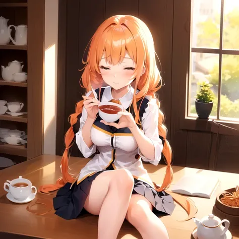 アニメの女の子 sitting on a table with a cup of tea, Drinking tea, female protagon　wariza　Orange Hair　Hime cut　Vertical Roll　Short skirt　long hair,　drill hair　twin braid　hime cut,　Face slightly to the left　Eyes closed　Angle from slightly above　indian style