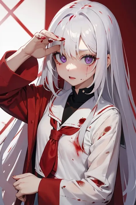 1girl, long, fluffy white hair, purple eyes, hair between the eyes, wearing a black and red sailor uniform, covered in blood, absurdres, high res, ultrasharp, 8K, masterpiece, looking at viewer