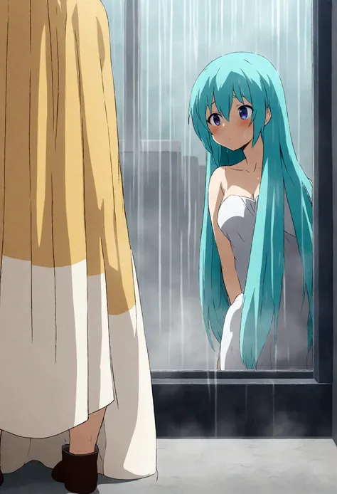 aqua character from the anime konosuba taking a shower with another male character from the same anime