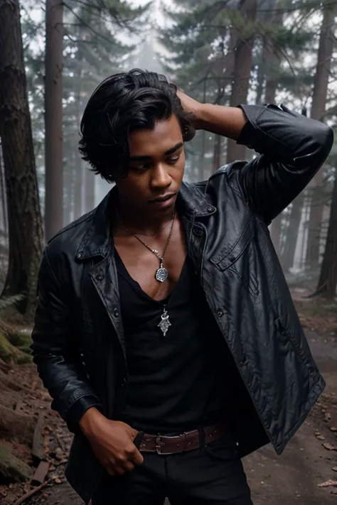 Khylin Rhambo, Mason Hewitt, Teen Wolf, 18 years old, dark skin, short and messy black hair, brown eyes, blue dress shirt, brown jacket, black jeans, black combat boots. silver pendant, white wolf print. Forest background with fog aura around black color.