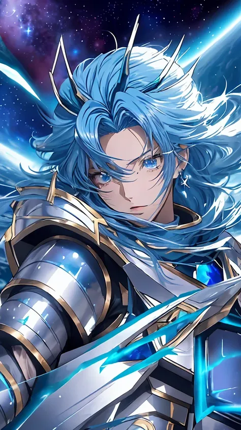 Anime character with blue hair and armor in space with stars, knights of zodiac girl, portrait knights of zodiac girl, Saint Seiya, in opal armor, Armor reflected in the color of sliver ice, inspired by Matsumura Goshun, ice blue and silver armor , pale bl...