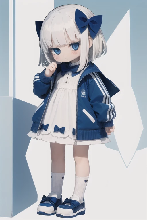 score_9, score_8_up, score_7_up, 1girl white hair blue bow blue jacket white dress White socks blue shoes robot girl