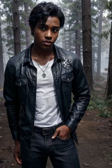 Khylin Rhambo, Mason Hewitt, Teen Wolf, 13 years old, dark skin, messy military-cut black hair, brown eyes, purple dress shirt, blue jean jacket, black jeans, black combat boots. silver pendant, white wolf print. Forest background with fog aura around blac...