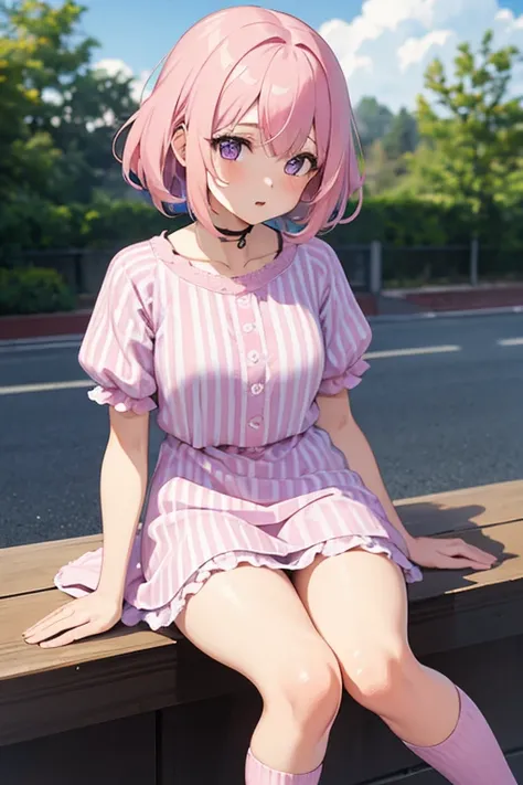 1girl, fluffy pink hair, purple eyes, wearing a pastel pink dress, long socks with pink stripes, containing ecxitement high res, ultrasharp, 8K, masterpiece, looking at viewer