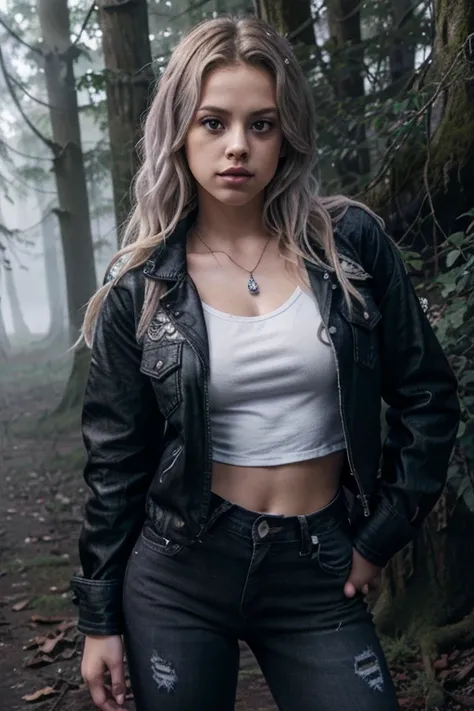 Gage Golightly, Erica Reyes, Teen Wolf, 18 years old, long messy blonde hair, green eyes, purple blouse, open black jean jacket, black jeans, black combat boots. silver pendant, white wolf print. Forest background with fog aura around black color.