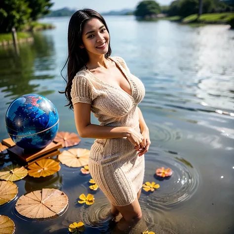 (thai women),(tan skin:1.5),(V-neck knit dress:1.5),(huge breasts:1.5),(slim body:1.3),(smile),(Large globe floating on water:1.5),(Reflecting Pool:1.2),(short skirt),(cowboy shot),(best quality, masterpiece)