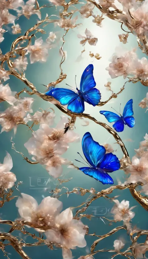 The background is greenblue,moon light,All expressed with jewels, the arrival of spring, various beautiful cherryblossoms
, Beautiful lapis lazuli swallowtail butterfly,angles looking up from below, various jewels falling from the sky, wonderful and beauti...