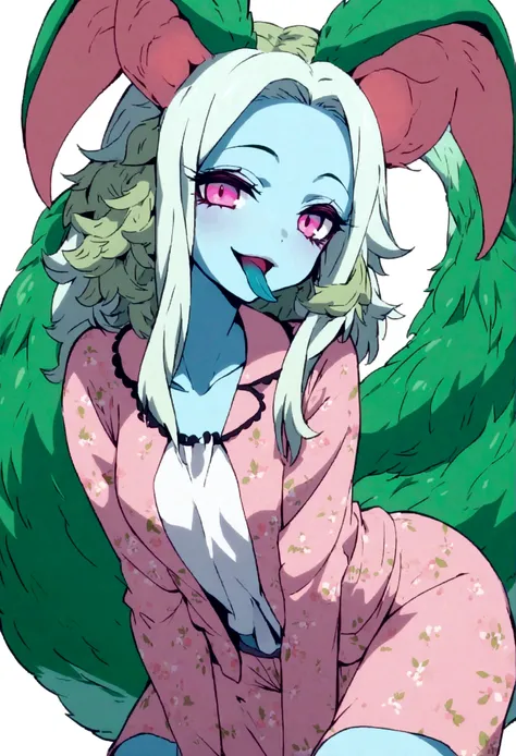 sexy monster girl, with longmessy navy blue plantlike hair, bugs in hair, pretty face, fancy lingirie top, pajama shorts, blue skin color , large tail, large wings, light blue skin color, animal ears, white background, leaning upper body towards viewer, an...