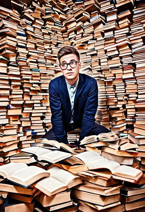 Young man with glasses lost among many books 