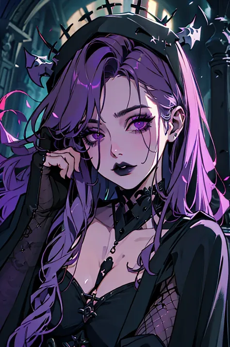 1girl, necromancer, dark robes, gloves, fishnets, dark veil, purple hair, purple eyes, black lipstick, in a graveyard, black flo...