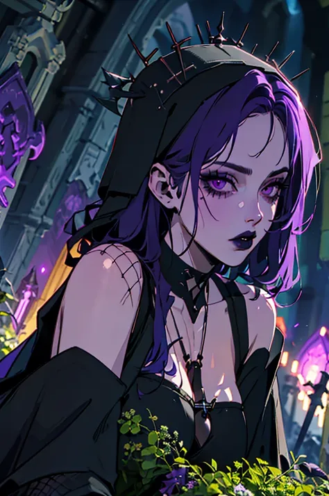 1girl, necromancer, dark robes, gloves, fishnets, dark veil, purple hair, purple eyes, black lipstick, in a graveyard, black flo...