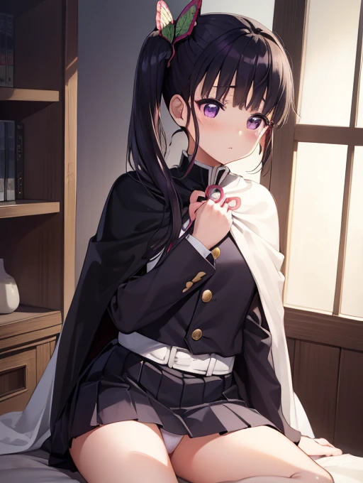 Kanaotsu Yuri, kanao tsuyuri, Black Hair, butterfly, butterfly hair ornament, (Purple eyes:1.1), Side ponytail, ponytail, Shame face、blush、
Blake Black mini skirt, Cape, Demon Slayer uniform, Long sleeve, Pleated skirt, mini skirt, 白いCape,Skirt lifted、((Cu...