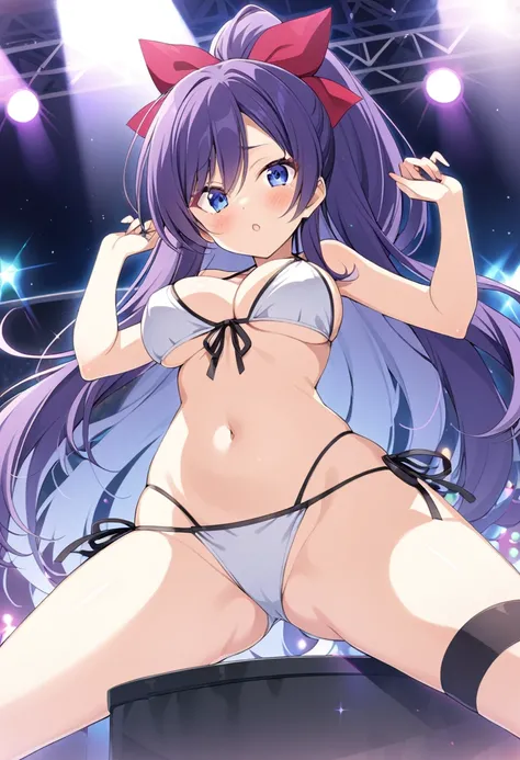 todoshizuko, purple hair, ponytail, hair ribbon, long hair, blue eyes, makeup, 15years old,, large breasts,, Live Stage, solo bikini