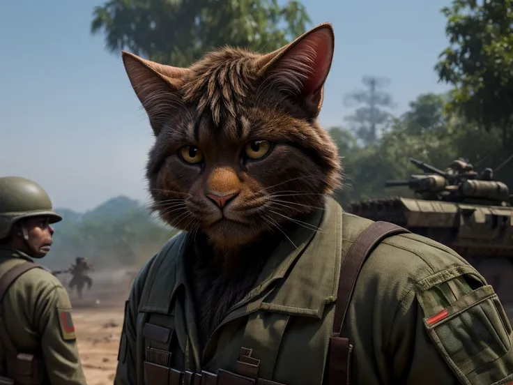 Hallucination, daydream , Bokeh , cat shit one , Vietnam War , (Vietnamese cat ear  guerrilla and American rabbit ear soldier) , hairy fur , day time bush , War Movie climax scene