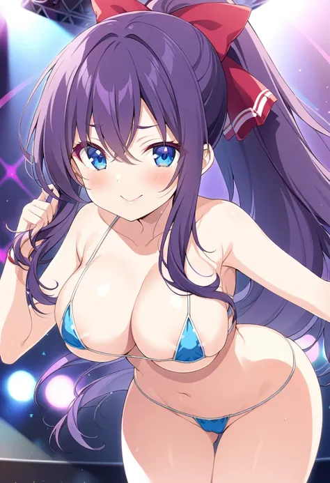 todoshizuko, purple hair, ponytail, hair ribbon, long hair, blue eyes, makeup, 15years old,, large breasts,, Live Stage, solo micro bikini