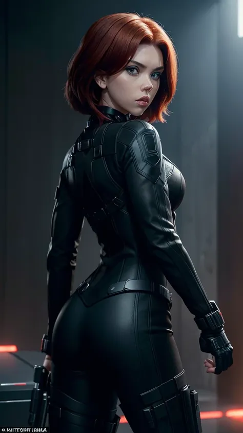 scarlett johansson, in her iconic role as black widow (natasha romanoff), is depicted wearing her sleek, black tactical suit, wh...