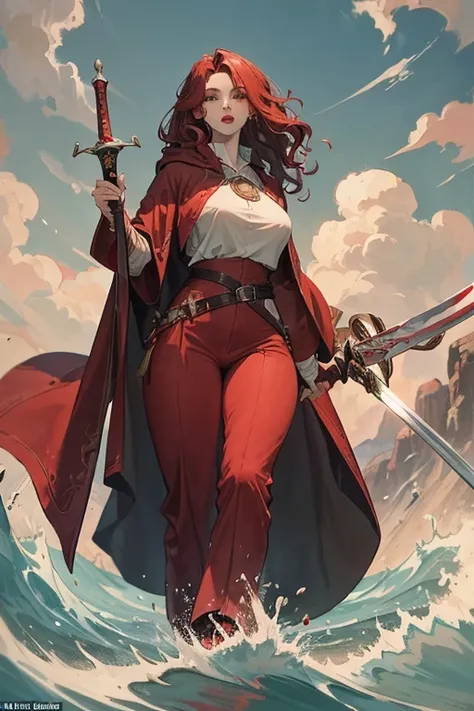 A medium breasted redhead wearing a hooded cloak and holding a sword, wide hips, thin waist, beautiful full red lips, lush wavy hair, long torpedo shaped tits, brown pants, loose white blouse