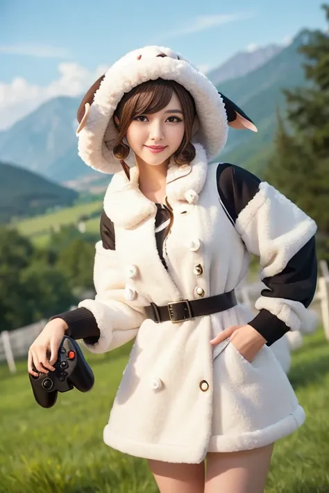 Animated character wearing a sheep-shaped hat, Have a game controller in your hand, Lively and cute expression, High quality work, sheep