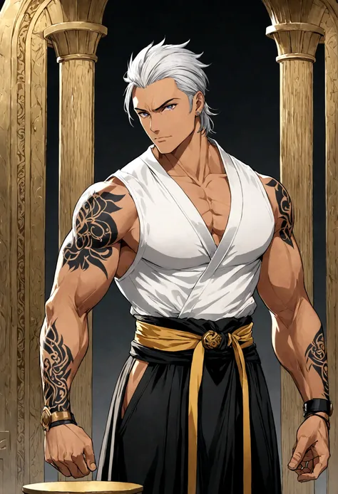 The image features a character with a muscular build, depicted in an illustration style similar to anime or a video game character design. The character has white or gray hair and is adorned with visible tattoos on his arms, chest, and possibly his back. H...