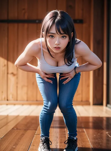 SFW, (Leaning forward with hands on knees and looking forward),One , super high quality，8k，Don&#39;t miss the fingers，1 girl，Sports Girl，Blue pink hair，Sports close-up，，Lawn playground，Dopamine Girls, Wearing a bra,((Narrow waist)), young asian girl, ((Big...