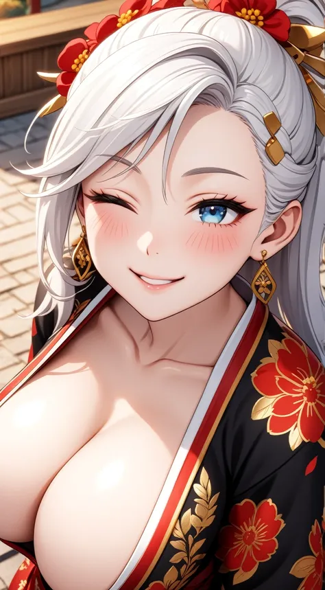 ((one personの女性)), Beautiful Face,Laugh shyly,((Wink:2.0)),Laughing with your mouth open,turn bright red,Glossy pink lips,night,Shrine festival stalls,((Anime style background)),masterpiece, highest quality, so beautiful, up to date, Complex details, (Pink...