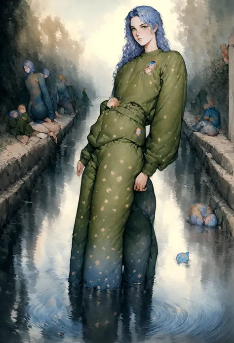 ((Best quality masterpiece)), ((highly detailed)), high resolution. Vintage watercolor of a beautiful man, with pink/blue hair and green eyes, very similar to bjorn borg , with a green jumper, pin-up style, on the shore of an irrigation canal. Whole body i...