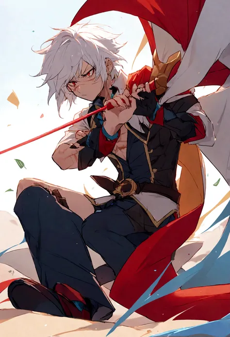 20 year old boy, con una estatura de 1.80cm, lleva un Traje Landsknecht que combina elegancia con funcionalidad. His white hair and intense red eyes reflect a serious and cold look....., revealing his determination and combat experience... His athletic bui...