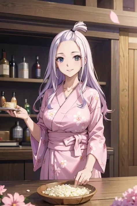 (best quality,4k,8k,highres,masterpiece:1.2),ultra-detailed,realistic,photorealistic:1.37, Mirajane Strauss with a beautiful smile wearing a pink flowery yukata 