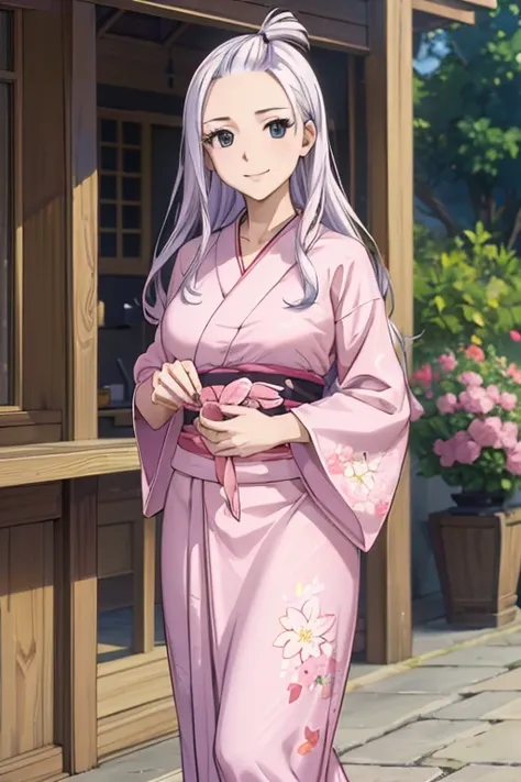 (best quality,4k,8k,highres,masterpiece:1.2),ultra-detailed,realistic,photorealistic:1.37, Mirajane Strauss with a beautiful smile wearing a pink flowery yukata 