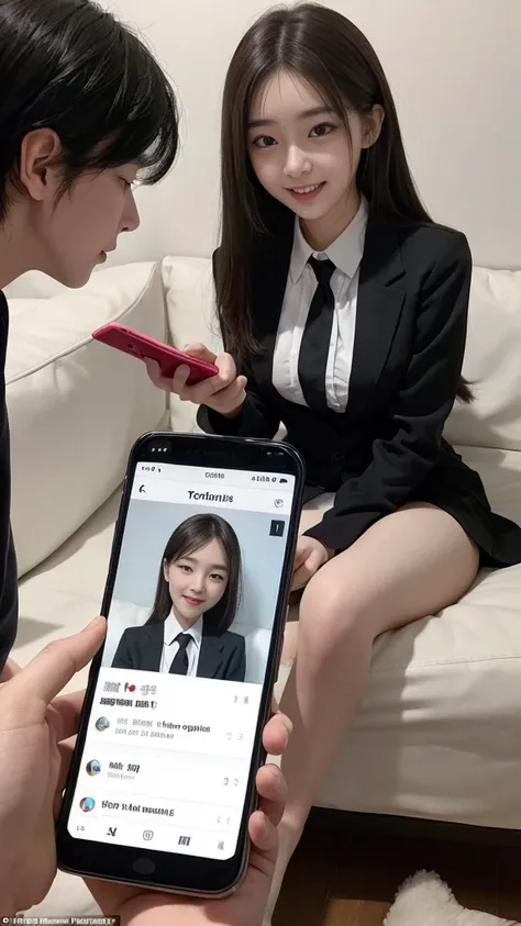  (high quality), (NSFW:1.2), Split screen vertically, 1 girl and 1 man are dating online by exchanging own photos and messages using a smartphone chatting app, 18 years old, korean, long distance relationship, The text is written in English., they weared k...