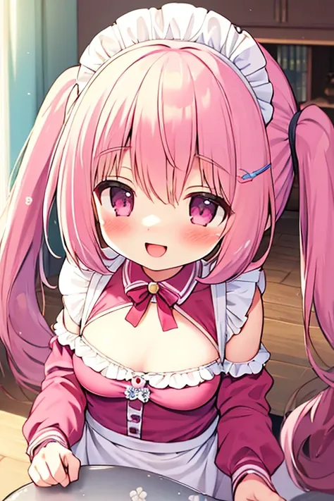 (best quality, masterpiece:1.2), illustrations, a cute girl, early teens, very lovingly face, twintails, pink hair, maid wear, (happy smile, aroused:1.2), livingroom,