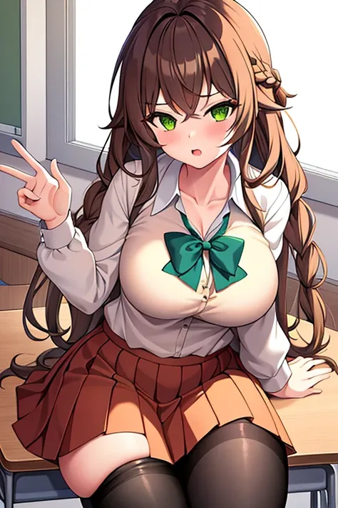 1girl, ornage hair, braid, large breasts, pantyhose, , ((school uniform)), mature female, thick thighs, long hair, green eyes, serious, classroom, skirt, cleavage