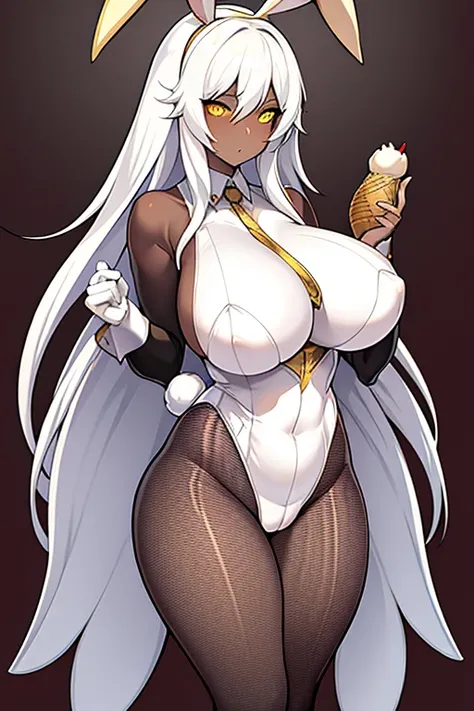 1girl, mature female, white hair, long hair, yellow eyes, dark-skinned female, huge breasts, thick thighs, hourglass figure, fishnet, fishnet pantyhose, pantyhose, bunnysuit, white leotard, gold trim, rabbit eats