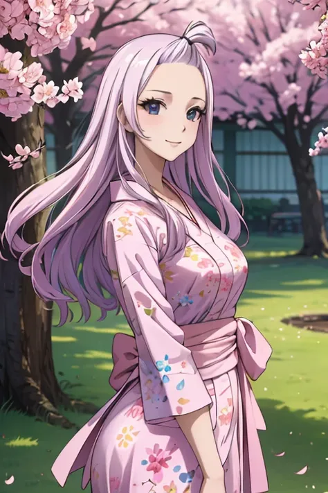 (best quality,4k,8k,highres,masterpiece:1.2),ultra-detailed,realistic,photorealistic:1.37, Mirajane Strauss with a beautiful smile wearing a pink flowery yukata 