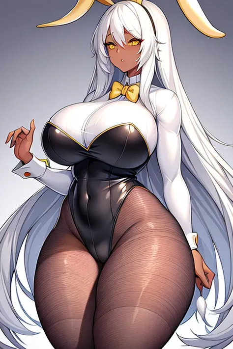 1girl, mature female, white hair, long hair, yellow eyes, dark-skinned female, huge breasts, thick thighs, hourglass figure, fishnets, fishnet, pantyhose, bunnysuit, white leotard, gold trim, rabbit ears