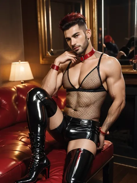 sitting mature handsome gay guy brasilian prostitute with black goaty beard and red mohawk and huge muscles wearing golden earrings and red leather collar and light red lace bra and tiny lace fishnet tights exposing his very high shiny red latex stiletto b...