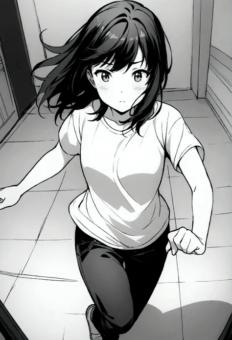 Girl running away from dog、Pants Style、T-Shirts、Black Hair、Black and White