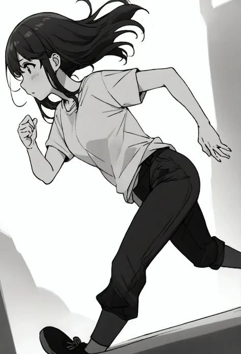 Girl running away from dog、Pants Style、T-Shirts、Black Hair、Black and White