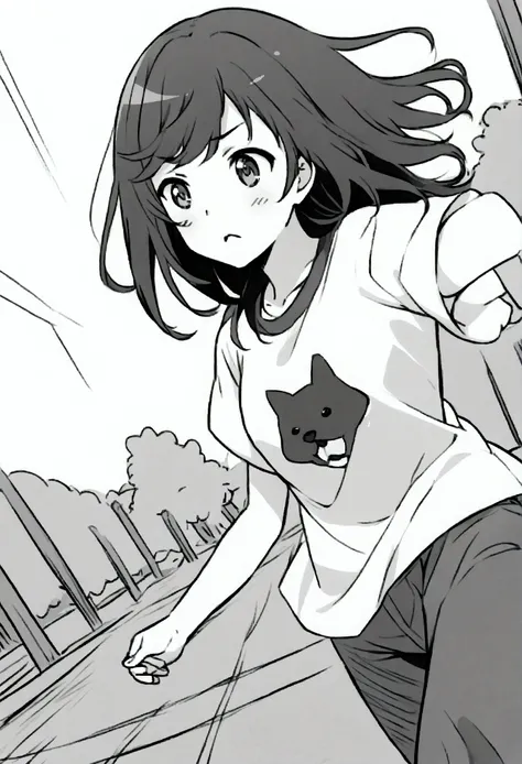 Girl running away from dog、Pants Style、T-Shirts、Black Hair、Black and White