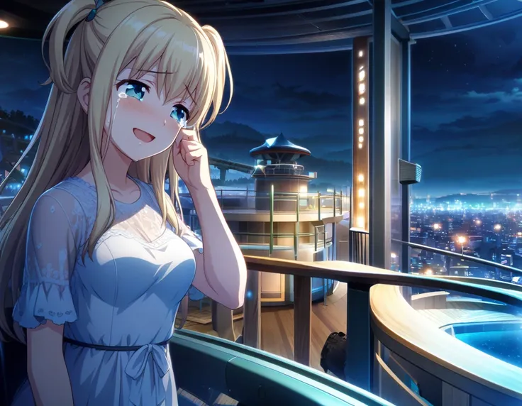 game cg,1girl,two side up,long hair,blonde hair,medium breasts,turquoise eyes,((happy tears)),smile,((tears)),wiping tears ,night,outdoor observation deck,