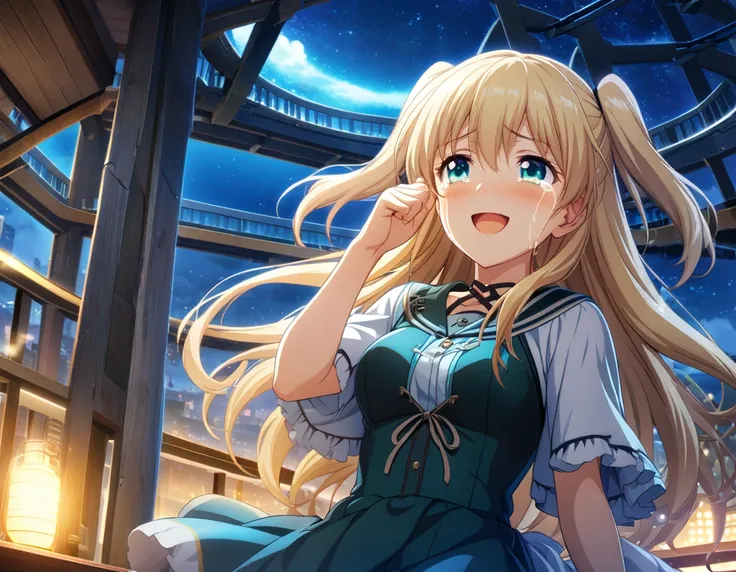 game cg,1girl,two side up,long hair,blonde hair,medium breasts,turquoise eyes,((happy tears)),smile,((tears)),wiping tears ,night,outdoor observation deck,