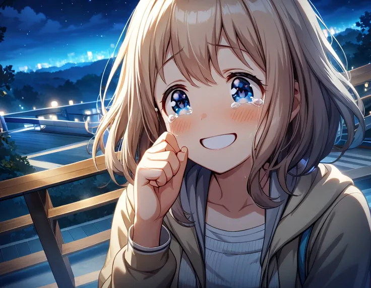 game cg,1girl,light brown color and medium length hair,(blue eyes)+,tareme,((happy tears)),smile,((tears)),wiping tears,night,outdoor observation deck,