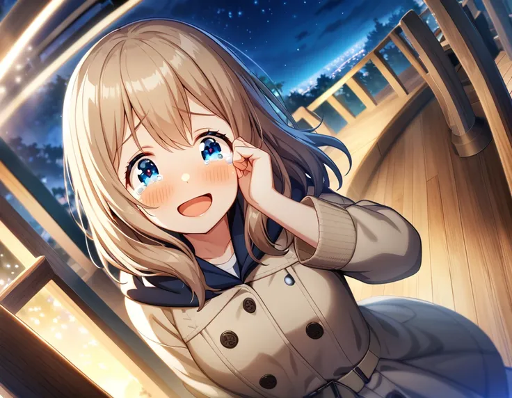 game cg,1girl,light brown color and medium length hair,(blue eyes)+,tareme,((happy tears)),smile,((tears)),wiping tears,night,outdoor observation deck,