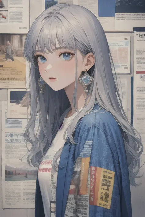 (Best quality, A high resolution, Textured skin, High quality, High details, Extremely detailed CG unity), newspaper wall, looking at viewer, blue eyes, white shirt, solo, shirt, earrings, upper body, grey hair, jewelry, 1girl, print shirt, blue jacket, lo...