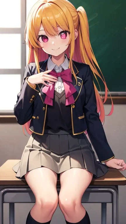 1 grill, Hoshino Ruby, (yellow hair:1.5), long hair, (pink eyes:1.5), side lock, (Star pupil of the left eye:1.5), (Pink right eye:1.5)
break black vest, blue Jacket, bow, bowtie, collared shirt, cropped Jacket, Jacket, knee high, long sleeve, pink bow, pi...