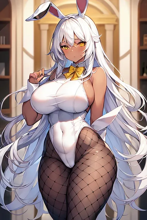 1girl, mature female, white hair, long hair, yellow eyes, dark skin, dark-skinned female, huge breasts, thick thighs, hourglass figure, fishnet, fishnet pantyhose, pantyhose, bunnysuit, white leotard, rabbit ears, shy, timid, wavy mouth, ((fishnet))