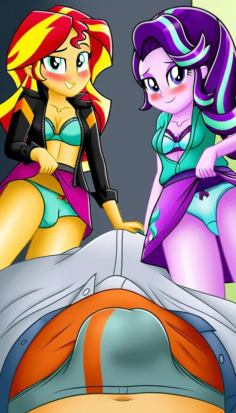 equestria girls, male pov, two girls, solo, starlight glimmer, sunset shimmer, miniskirt, upskirt, ass, bra, open shirt, panties, miniskirt lift, male pov, bulge in male briefs, unzipping open fly, blushing