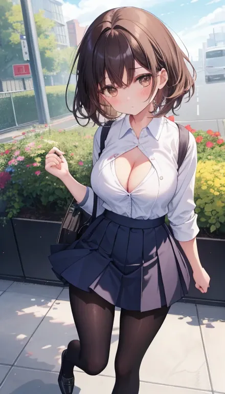 One Girl、Positive、From above、Full body portrait、Brown haired、Medium Haircut、blush、Absolute area、Knee socks、stockings、pantyhose、lace pantyhose、White underwear、Cleavage、Light blue cut shirt、Unbutton your shirt、Shirt buttons fly off、Navy blue checkered pleate...