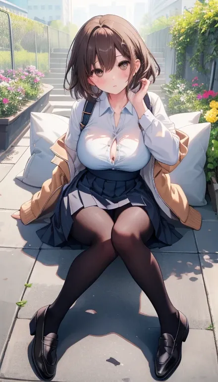 One Girl、Positive、From above、Full body portrait、Brown haired、Medium Haircut、blush、Absolute area、Knee socks、stockings、pantyhose、lace pantyhose、White underwear、Cleavage、Light blue cut shirt、Unbutton your shirt、Shirt buttons fly off、Navy blue checkered pleate...